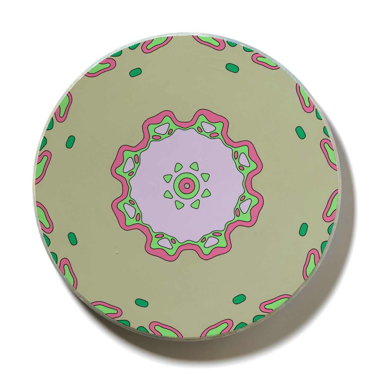 <br/>Teleme Bedrock, 2023<br/>18" diameter<br/>acrylic, opaque marker and glitter on wood